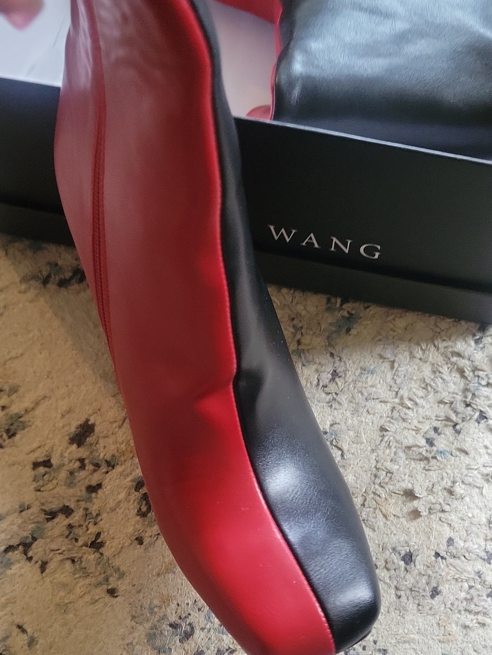 AZALEA WANG Black Leather Mid-Calf Boots with Red Block Heel - Picture 7 of 8